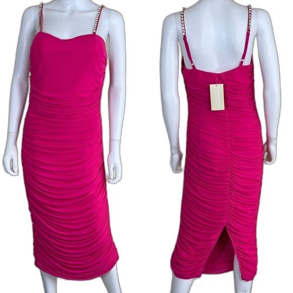 Cache Dresses & Skirts - Cache Womens Size S Pink Ruched Bodycon Jeweled Midi NEW Dress Sexy Barbie Party